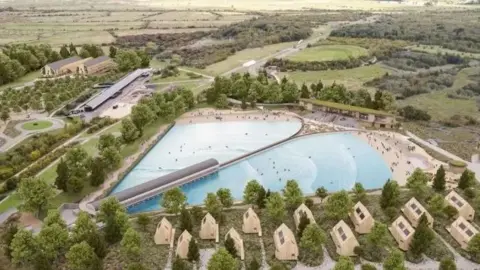 The Seahive Image shows a planned surf lagoon surrounded by the country park and holiday pods