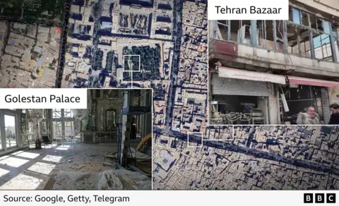 Satellite image of Tehran with inset images of Golestan Palance and Tehran Bazaar showing damage following air strikes.