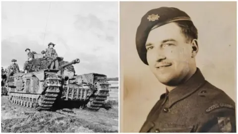 Walter Foster Two black and white pictures, one showing a tank in the field with soldiers on top and another with Walter as a young man wearing his uniform.