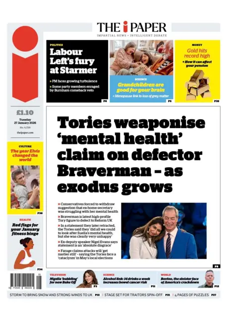 The headline on the front page of the i Paper reads: “Tories weaponise 'mental health' claim on defector Braverman - as exodus grows”.