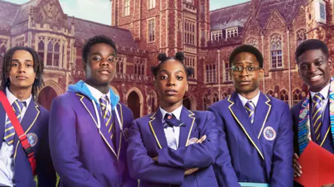  Toby (Sekou Diaby), Jaheim (Josh Tedeku), Leah (Jodi Campbell), Omar (Myles Kamwendo), Femi (Aruna Jalloh), all wearing purple school blazers