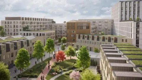 5Plus/Dematerial Artist's impression of City Village in Bradford showing low-level housing development, a park with trees and pathway and grass growing on top of the new houses