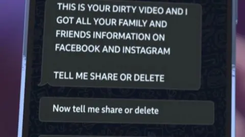 Mock-up of text messages. The top one reads, in caps: This is your dirty video and I got all your family and friends information on Facebook and Instagram. Tell me share or delete. second one: Now tell me share or delete.