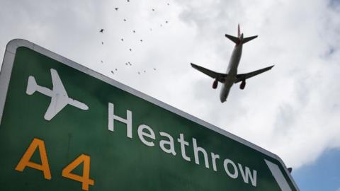 Plane flying over Heathrow road sign