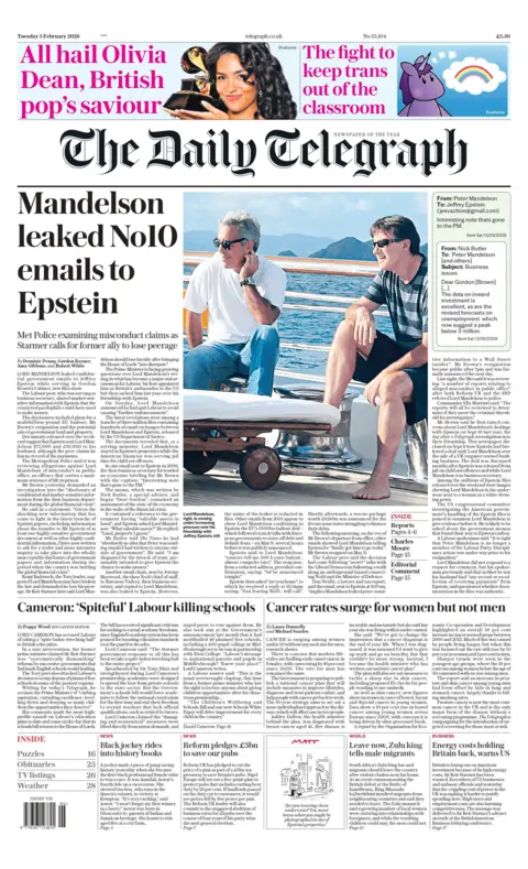 "Mandelson leaked No10 emails to Epstein," reads the headline on the front page of the Daily Telegraph.