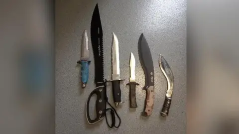 Six knives of varying sizes places next to each other.