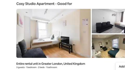 Airbnb An Airbnb listing of a rental unit in London, with glossy images of the flat