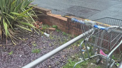 Danny Cooke Broken brick wall with gravel and shrubbery around it and a loose trolley nearby.