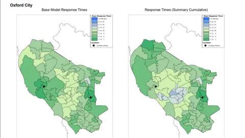 Oxfordshire County Council Two maps of Oxford, side by side, with districts marked out. The left hand map shows the "base model response times" and the right shows the change in response times as a result of the proposals. There is a central area where more of the districts are coloured in blue in the right hand map, compared to the left map - indicating they will see higher response times. 