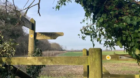 Rainbow Watcher A stile, with a field behind it and a row of trees to the left. A wooden sign indicating a footpath points to the right, and another towards the camera.