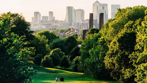 Getty Images A view of London from Greenwich Park, with a couple at the bottom of the screen sitting on the grass, with trees in full foliage in the foreground and the City of London skyline in the background.