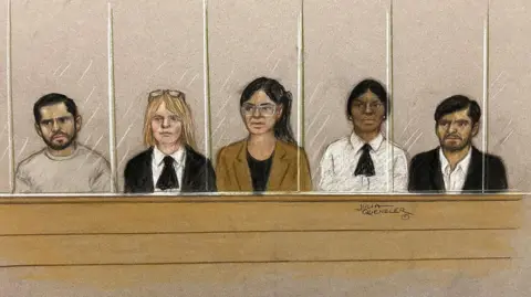 A court sketch showing Faisal Malik two guards, Beinash Batool and Urfan Sharif. They are behind a glass screen