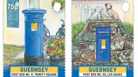Guernsey Stamps Two Guernsey stamps showing blue post boxes. One box is free standing with flowers in a tub and two bicycles on stands behind and the other is set in a wall with dogs playing on the wall.