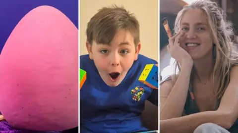 Three images side by side: Left, a giant pink Mini Egg sits on a purple blanket, with a purple back drop. the arm and hand of a person in a purple jacket and glove can be seen, holding up a normal sized mini egg; middle, a young boy with short light brown hair swept down over his forehead holds two Rubik's Cubes and looks enthusiastically at the camera. He is wearing a blue T-shirt with a picture of a Rubik's Cube on it; right - a woman with long blonde hair, wearing grey trousers and a vest top, sits on an armchair holding a plate palette and a brush.