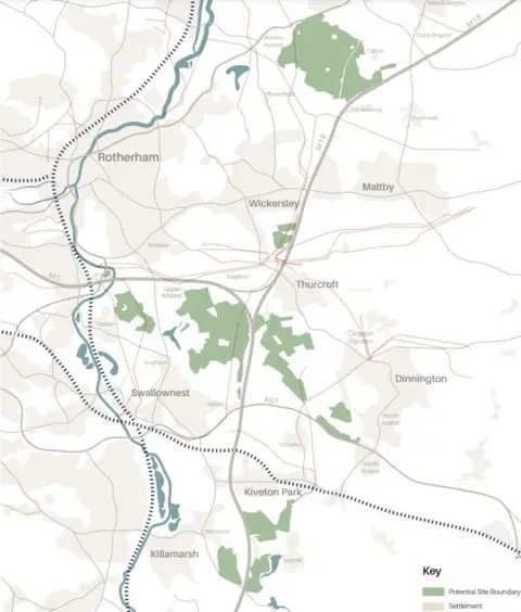 LDRS Map view of the designated areas of the solar plants. The map covers areas from Killamarsh to Rotherham while the proposed areas to build on are shaded green.