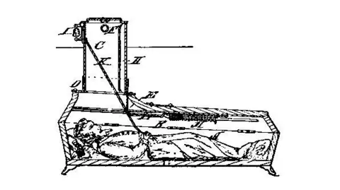 Kevin Gordon A sketch of a coffin containing a body, with a rope, bell and breathing tube extending upwards.