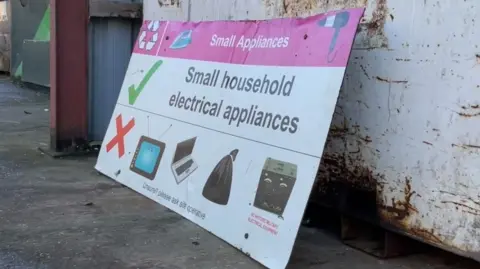BBC A large sign saying "small household electrical appliances" with pictures of a TV, laptop and oven. It is leaning against a white wall and photographed from a side angle.