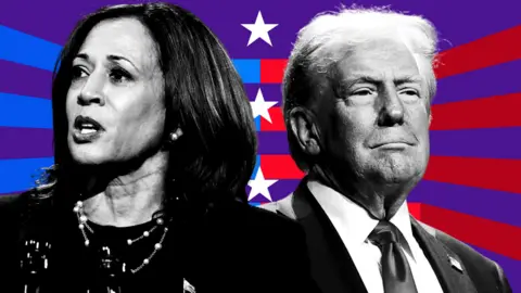 BBC Kamala Harris and Donald Trump in black and white against a background of red, blue and purple stripes and three white stars.