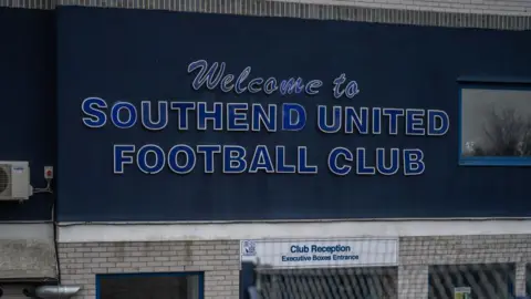 Getty Images A large sign for Southend United Football Club fitted above the club reception at Roots Hall stadium.