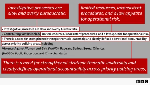 Graphic highlighting text of the report, including phrases such as Investigative processes are slow and overly bureaucratic