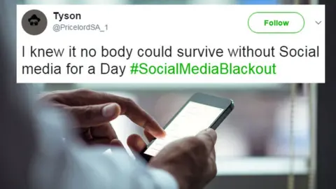 Getty Images/Twitter A tweet reads: "I knew it, nobody could survive without social media for a day" overlaid over someone texting