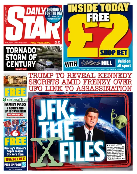 The headline in the Star reads: "Trump to reveal Kennedy secrets amid uproar over UFO link to assassination", 