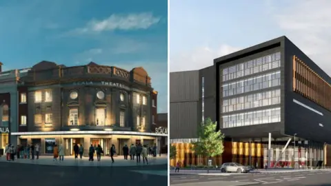 Composite image of two architects' impressions of the refurbished Scala Theatre, a stone building illuminated at dusk, and modern building with black and gold fascia. 