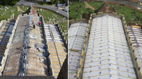 Gary Mudd and BBC Church lead roof after the lead has been stolen and with a new coating on it