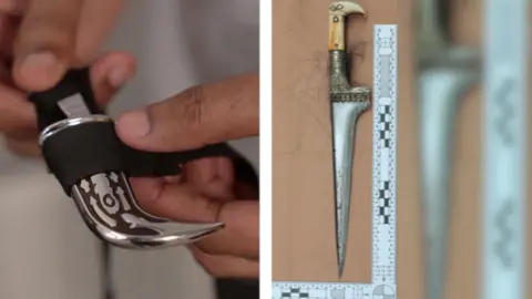 BBC and Crown Prosecution Service Two close-up photos of small blades - on the left is a curved kirpan held in someone's fingertips and on the right is the a straight blade with a sharp point, next to rulers to show its size.