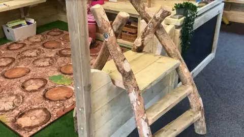 Wooden play area with small ladders made from logs