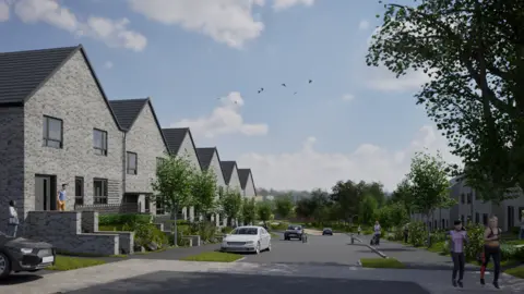 Taylor Wimpey Artist's impression of the new Clasper Village development. A row of terraced houses run along the left-hand side of a road. Cars are parked outside some of the properties, while two joggers run along the other side of the road. Trees line both sides of the street.