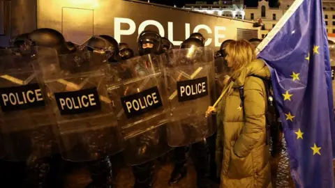 AFP A protester in Tbilisi, Georgia stands in front of a line of riot police holding a large European Union flag.  