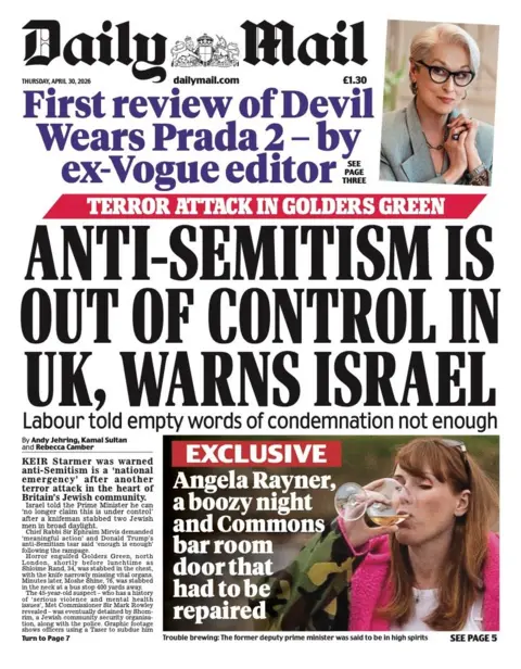 The headline on the front page of the Daily Mail reads: "Antisemitism is out of control in the UK, warns Israel."