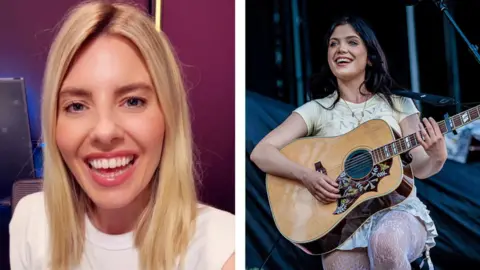 Split screen;  Mollie King, with blonde hair and smiling, on the left. Alessi Rose, performing with guitar, on the right.