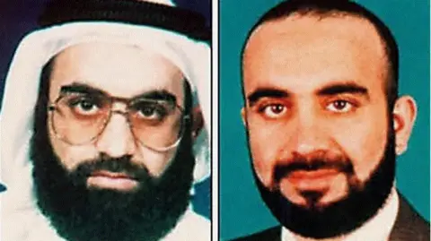 Getty Images Membagi foto headshot Khalid Sheikh Mohammed. Di sebelah kanan, dia mengenakan jas dan di sebelah kiri memperlihatkan dia mengenakan kemeja putih dengan kepala tertutup dan berkacamata.