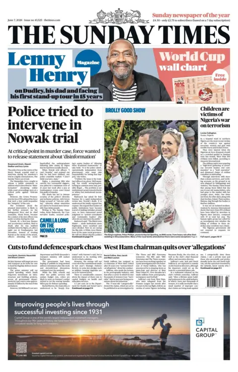 The Sunday Times headlines reads 'Police tried to intervene in Nowak trial'