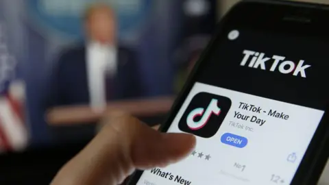 Getty Images TikTok app and President Trump giving a speech