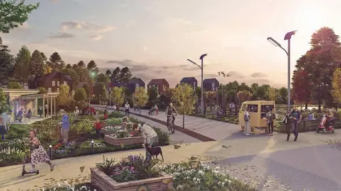 An artist's impression of the proposed Chelmsford Garden Community shows pedestrianised streets. A cyclist heading into view. In the foreground is plant boxes and flowerbeds. To the left a young girl in a flower patterned dress is scooting out of shot. Behind her is a brown-haired man wearing a grey jacket and blue jeans walking his black dog. To the right people are gathered around a coffee shack. In the distance are blocks of detached houses and mature trees.