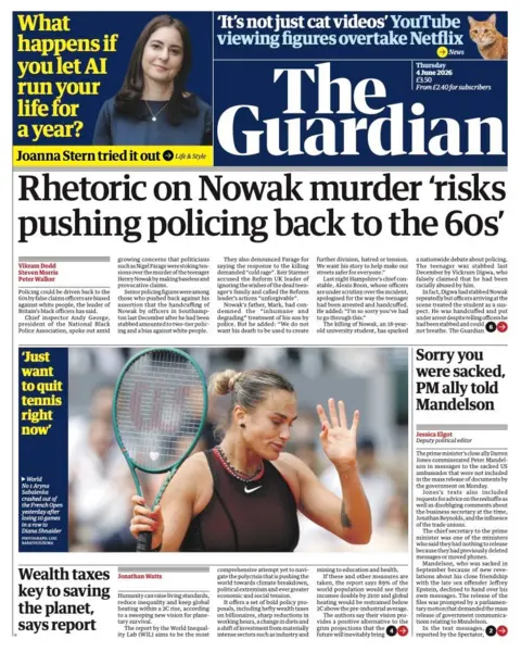 The headline on the front page of the Guardian reads: "Rhetoric on Nowak murder ' risks pushing policing back to the 60s."