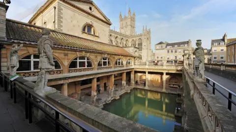 A view from the road of the Roman Baths in Bath in Somerset.