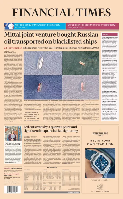 "Mittal joint venture bought Russian oil transported on blacklisted ships" reads the headline on the front page of the Financial Times.
