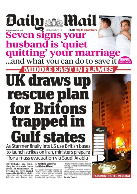 The headline on the front page of the Daily Mail reads: “UK draws up rescue plan for Britons trapped in Gulf states”.