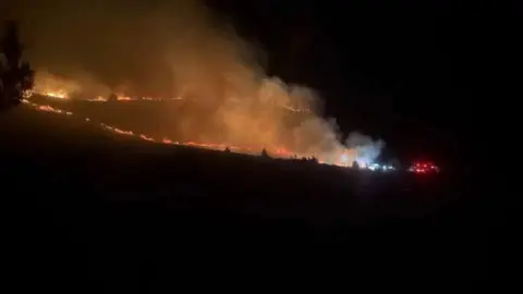 Wildfire going across the land in a line in a night-time shot