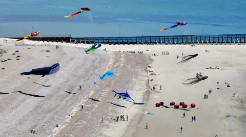Colourful kites depicting sea creatures, including a whale, a swordfish and two squids. The kites are flying above a sandy beach.