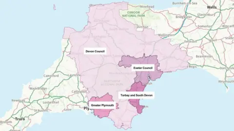 Devon County Council A map of Devon split into four showing Devon Council, Greater Plymouth, Torbay and South Devon and Exeter Council.