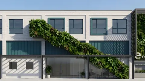 Boston College Artist's impression of the proposed building. It is modern in design and has floor to ceiling windows on the ground floor, with ivy growing up the building.