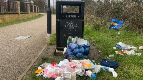 General waste piled up next to a black public litter bin which sits on a piece of grass next to a path. 