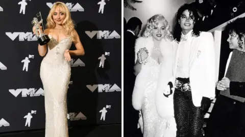 Getty Images Sabrina Carpenter poses successful  the gown made celebrated  by Madonna