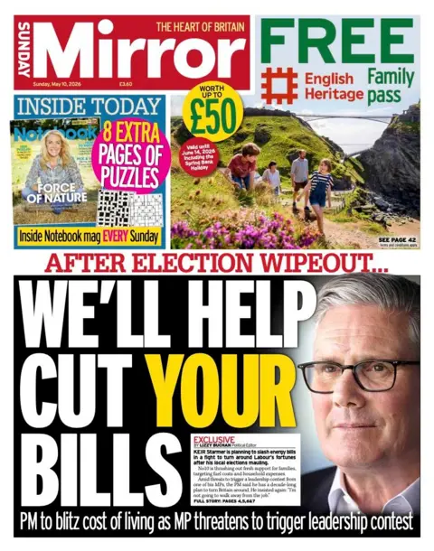"After election wipeout... we'll help cut your bills" reads the headline on the front page of the Sunday Mirror.