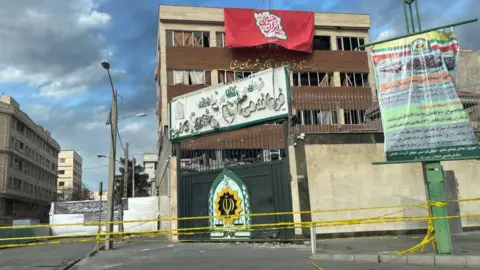 Damaged police station in Rey County, southern Tehran, Iran